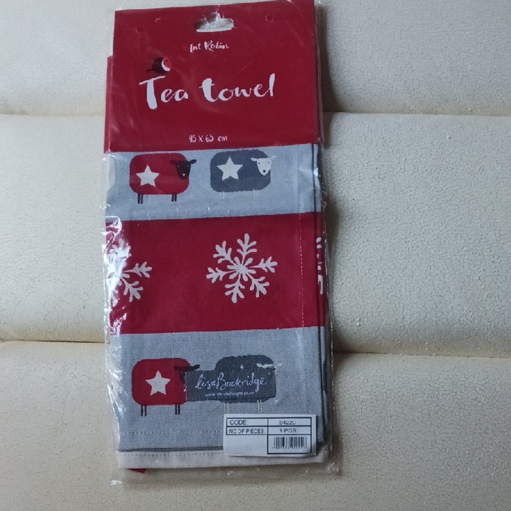 Red and Gray Tea Towel with Sheep Design